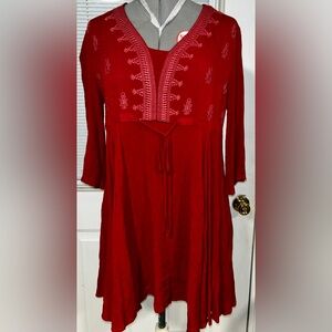 indigo soul Red Embroidered Tie-Waist Tunic dress